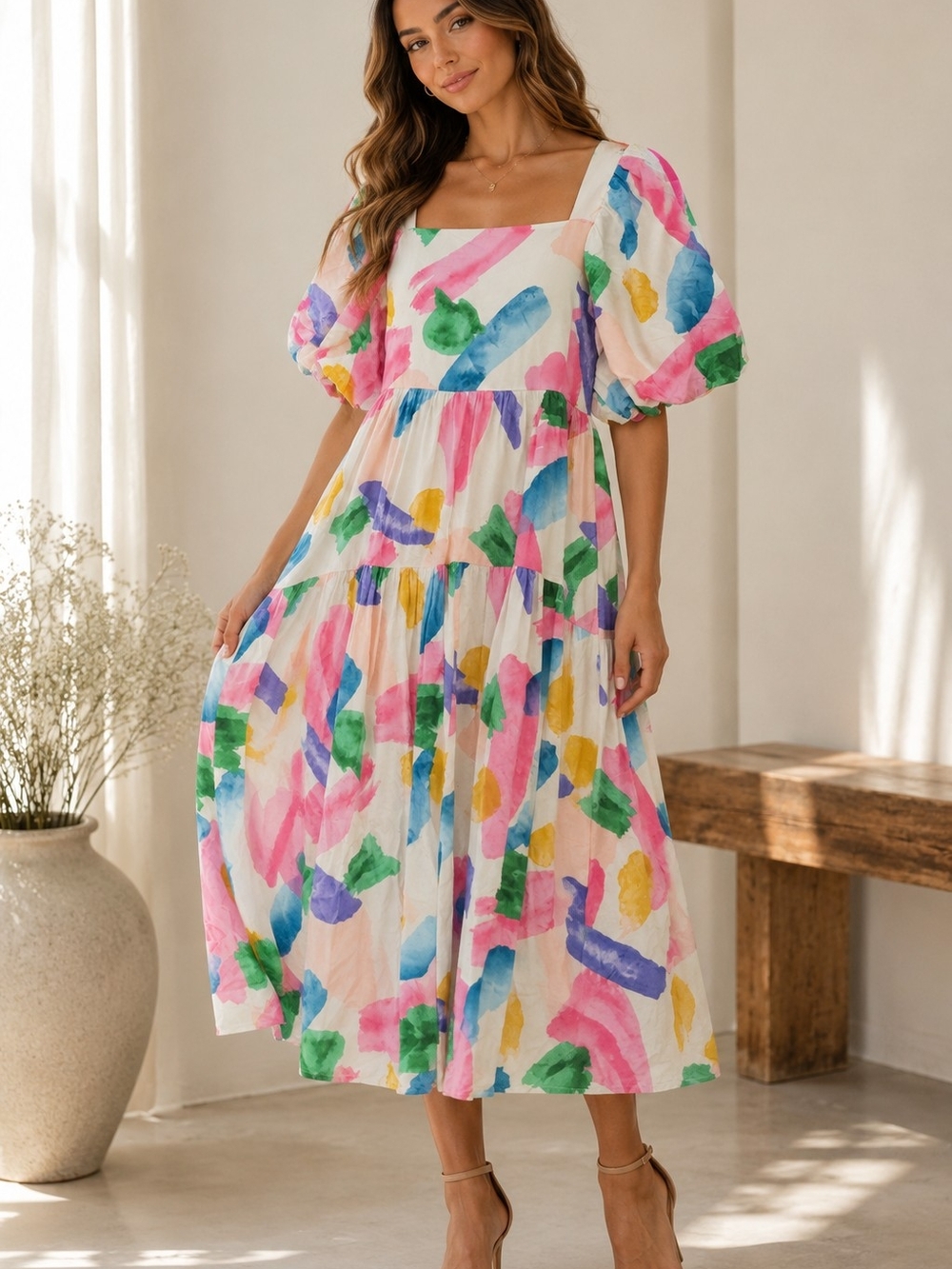 Jackie K Square Neck Puff Sleeve Midi Dress - Watercolor